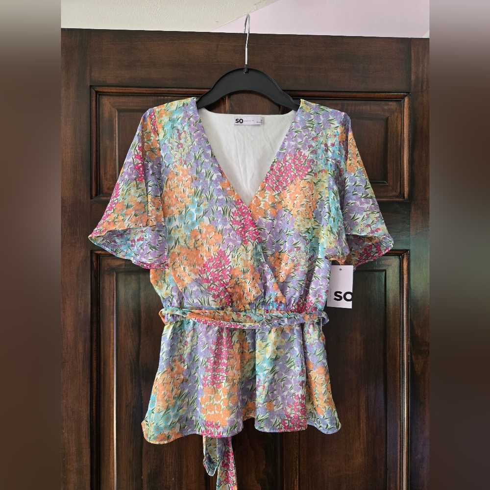SO Women's Colorful Floral Wrap Blouse